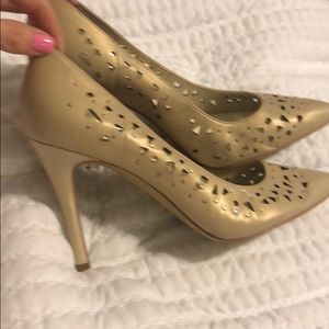 Tan and gold cutout heels